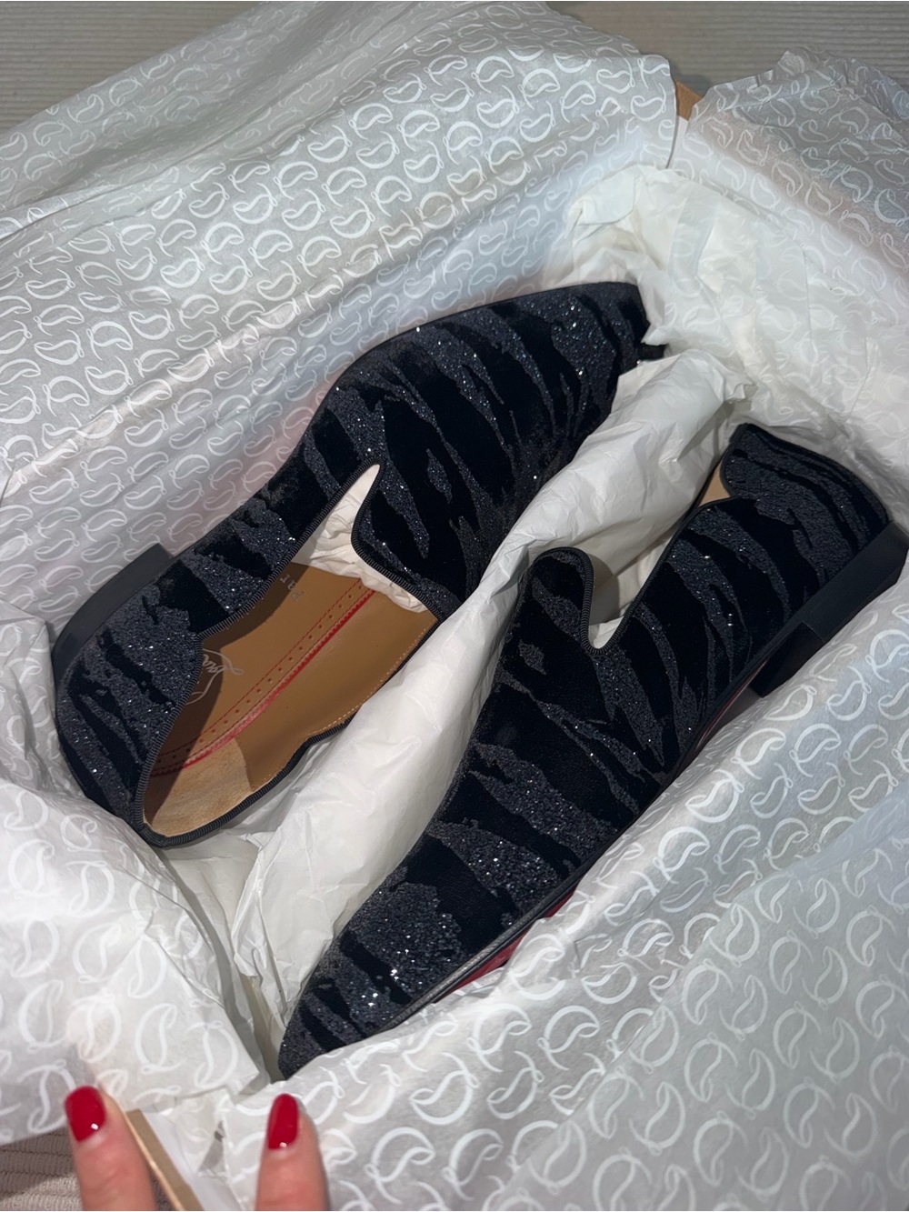 Christian Louboutin Black Glitter Zebra-Pattern Slip-On Loafers